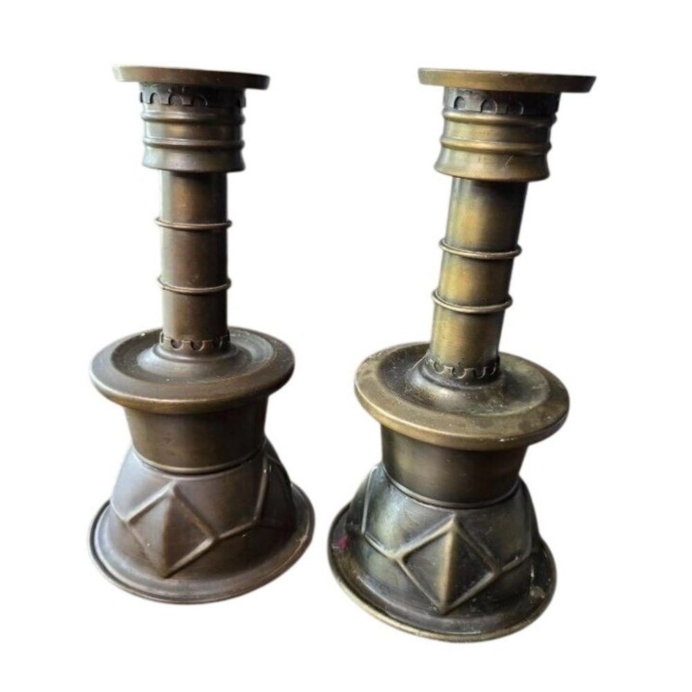 Illuminations Pair of Ottoman leaded copper bell based candlesticks, H30cm